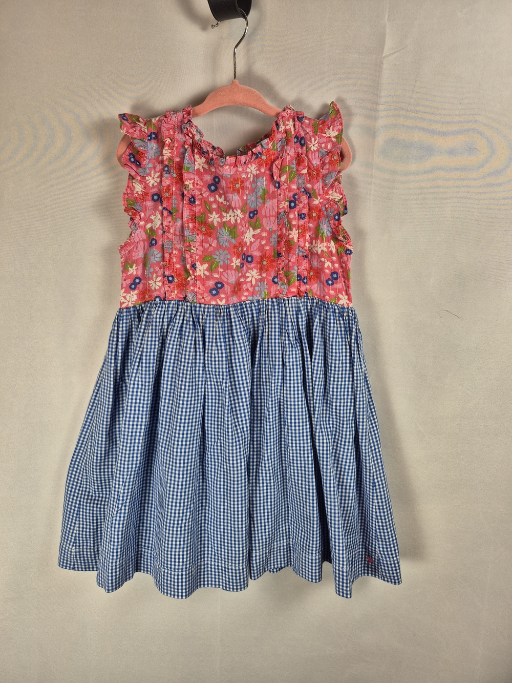 Pink Chicken Pink Floral Bodice Blue Gingham Skirt Dress Size 5 100% Cotton